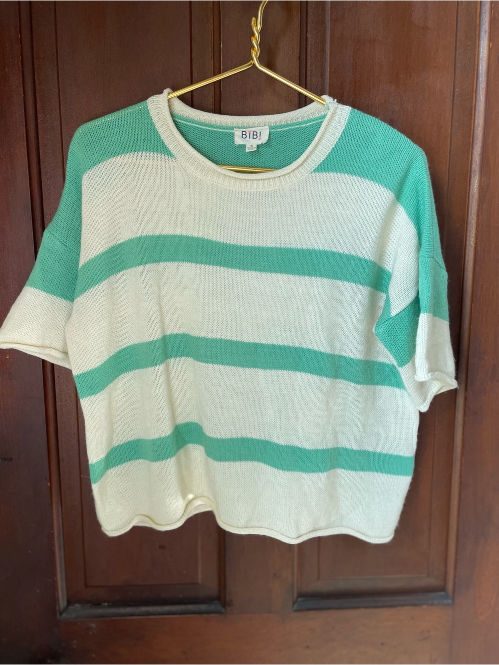 Bib! women's small short sleeve green / cream striped sweater